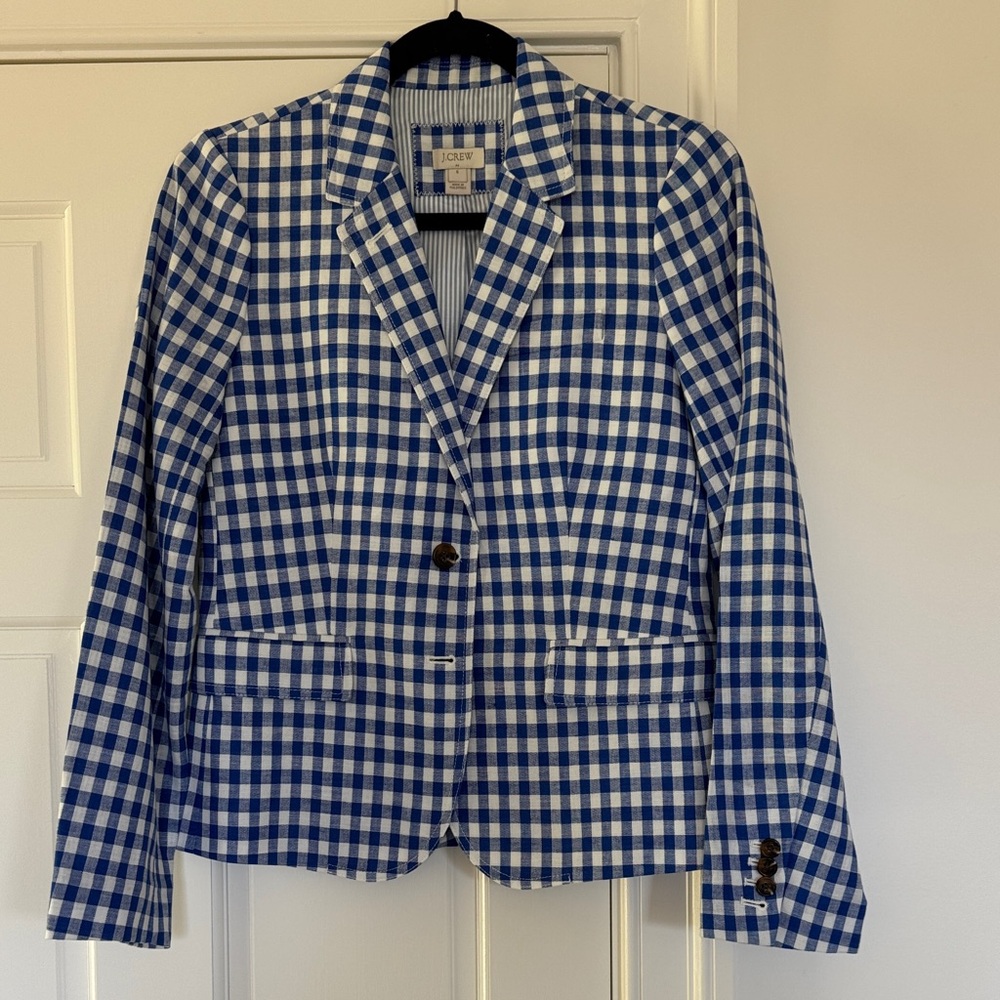 J. Crew Women’s Linen Blue and White Gingham Tailored Blazer